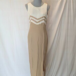 YES Sleeveless round Neck Scuba Crepe Sheath Beige white Medium Dress